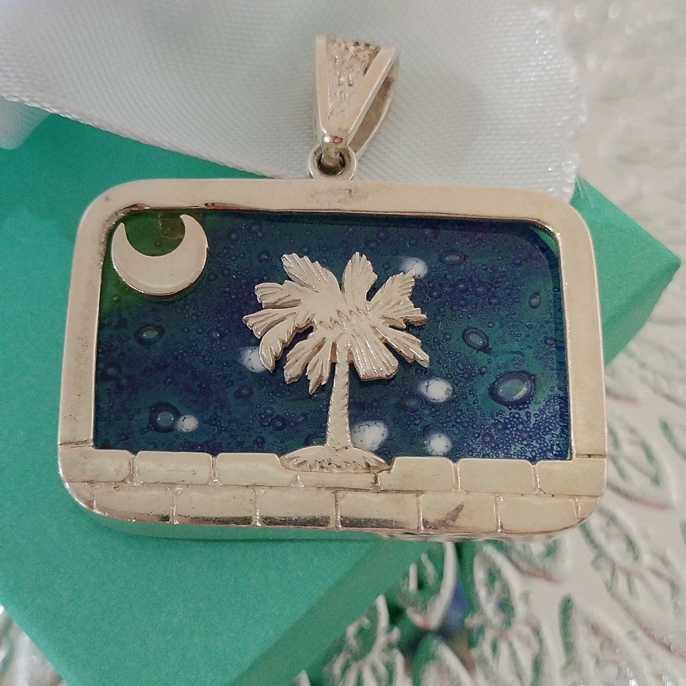 Sterling Silver South Carolina Crescent, Palmetto Framed Glass Pendant 925